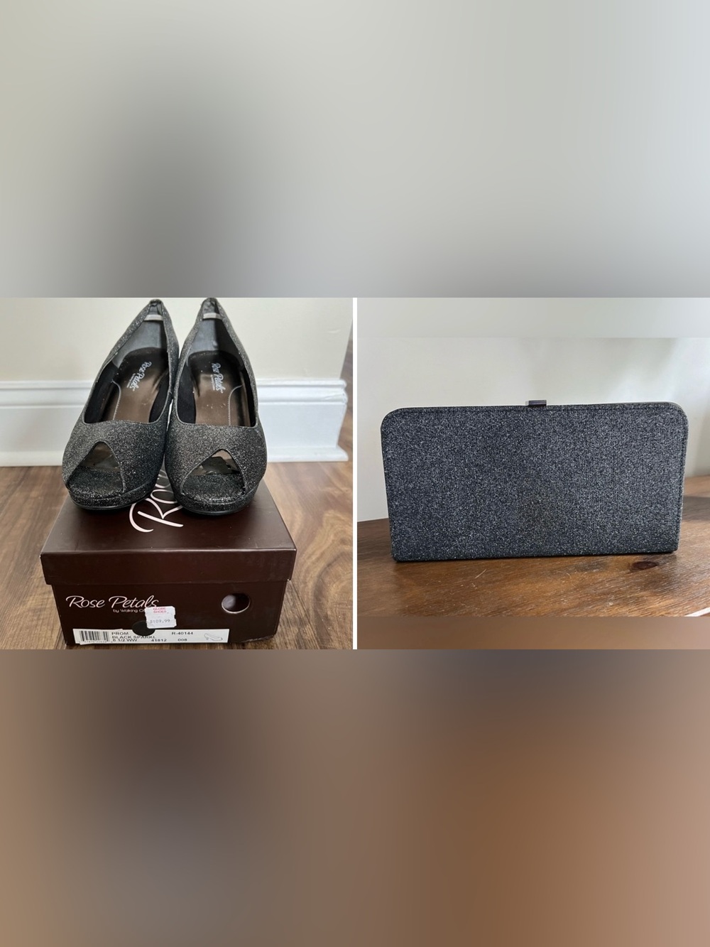 Petals by Walking Cradles Black Glitter Sparkle Peep Toe Pumps (plus clutch)